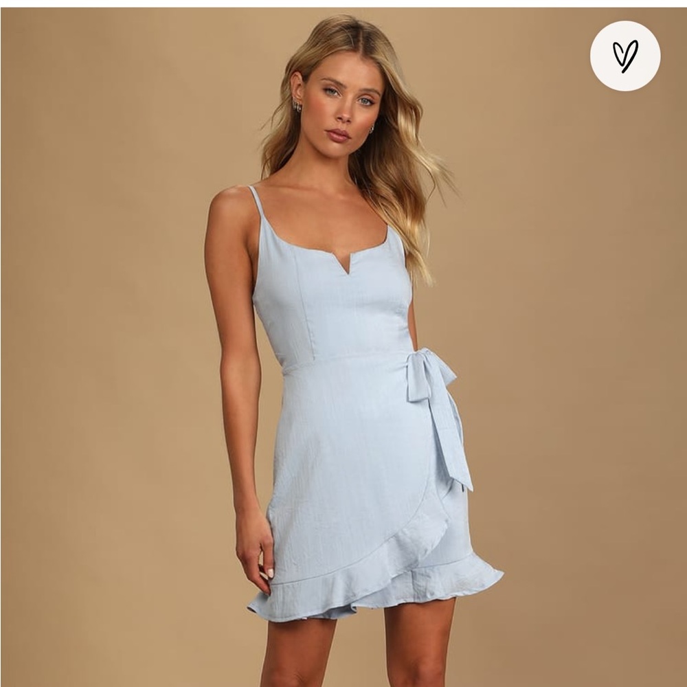 Lulu’s Sunny Oasis Light Blue Ruffled Faux Wrap Dress